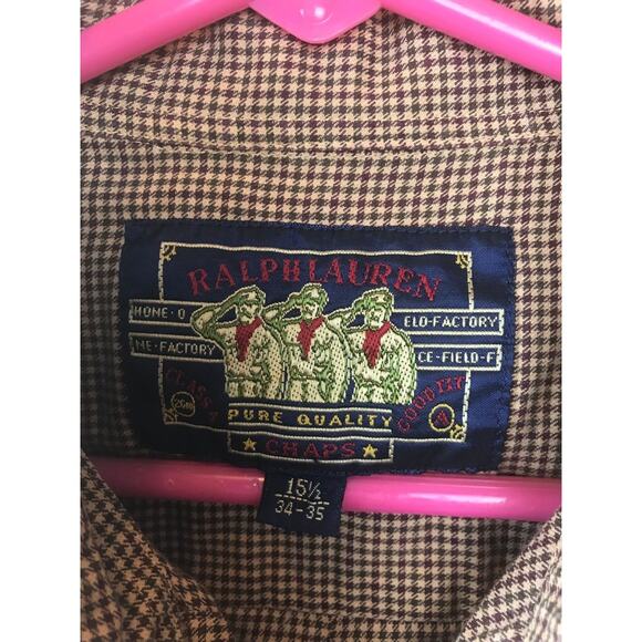 Vintage Ralph Lauren Chaps Button Up Long Sleeve 90 Shirt 15.5 Brown Black Check - Picture 2 of 4